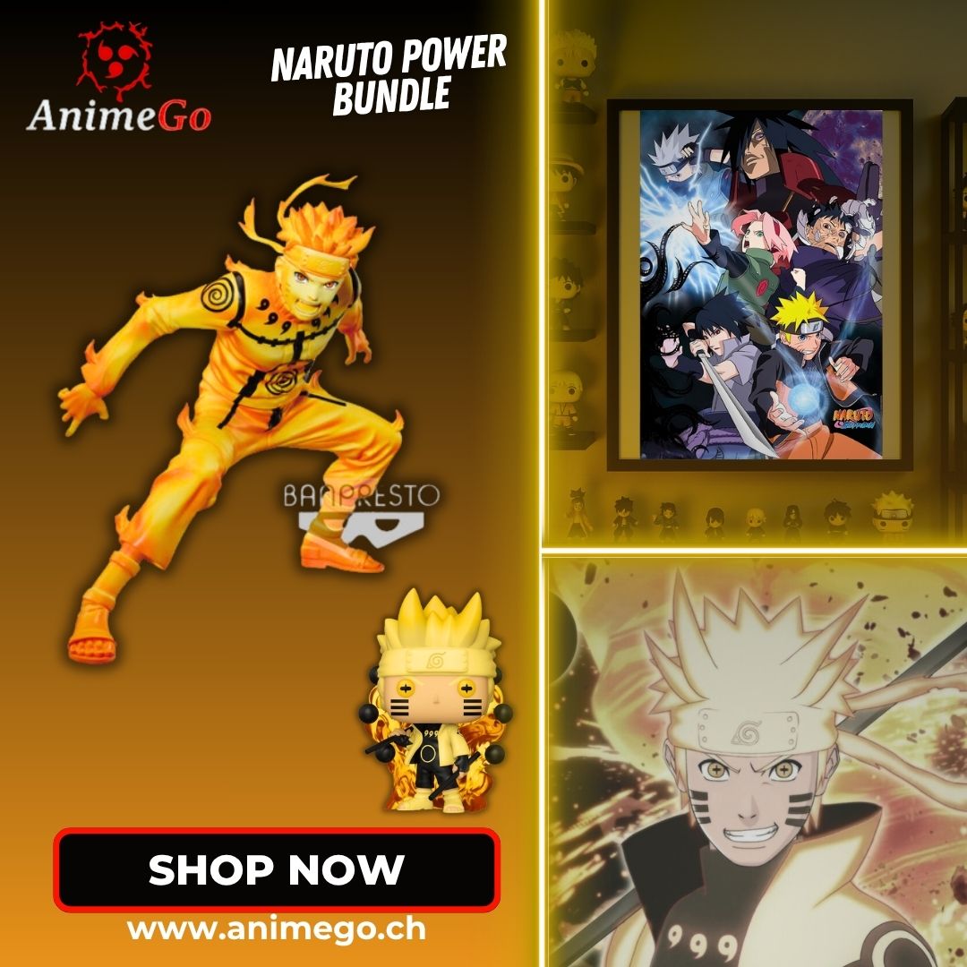 Naruto Power Bundle mit Kyuubi-Figur von Banpresto, Six Path Funko Pop! und XXL Ninja-War-Poster – exklusiv bei AnimeGo.