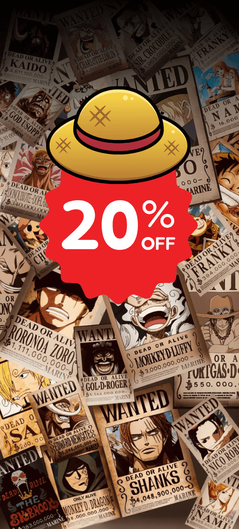 One Piece wanted poster collage with Luffy hat and 20% off promotional message.