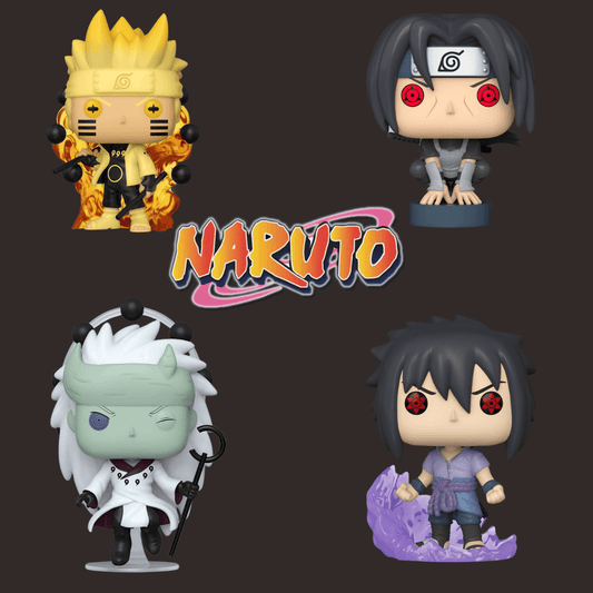 Naruto Funko Bundle featuring Naruto, Sasuke, Itachi, and Madara vinyl figures against a dark background.