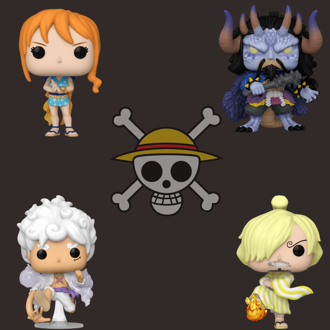 One Piece Funko Bundle featuring Luffy, Nami, Sanji, and Kaido against a pirate logo background.