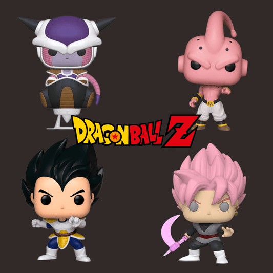 Dragon Ball Ultimate-Bundle featuring 4 Funko Pops: Frieza, Majin Buu, Vegeta, and Black Goku with logo.