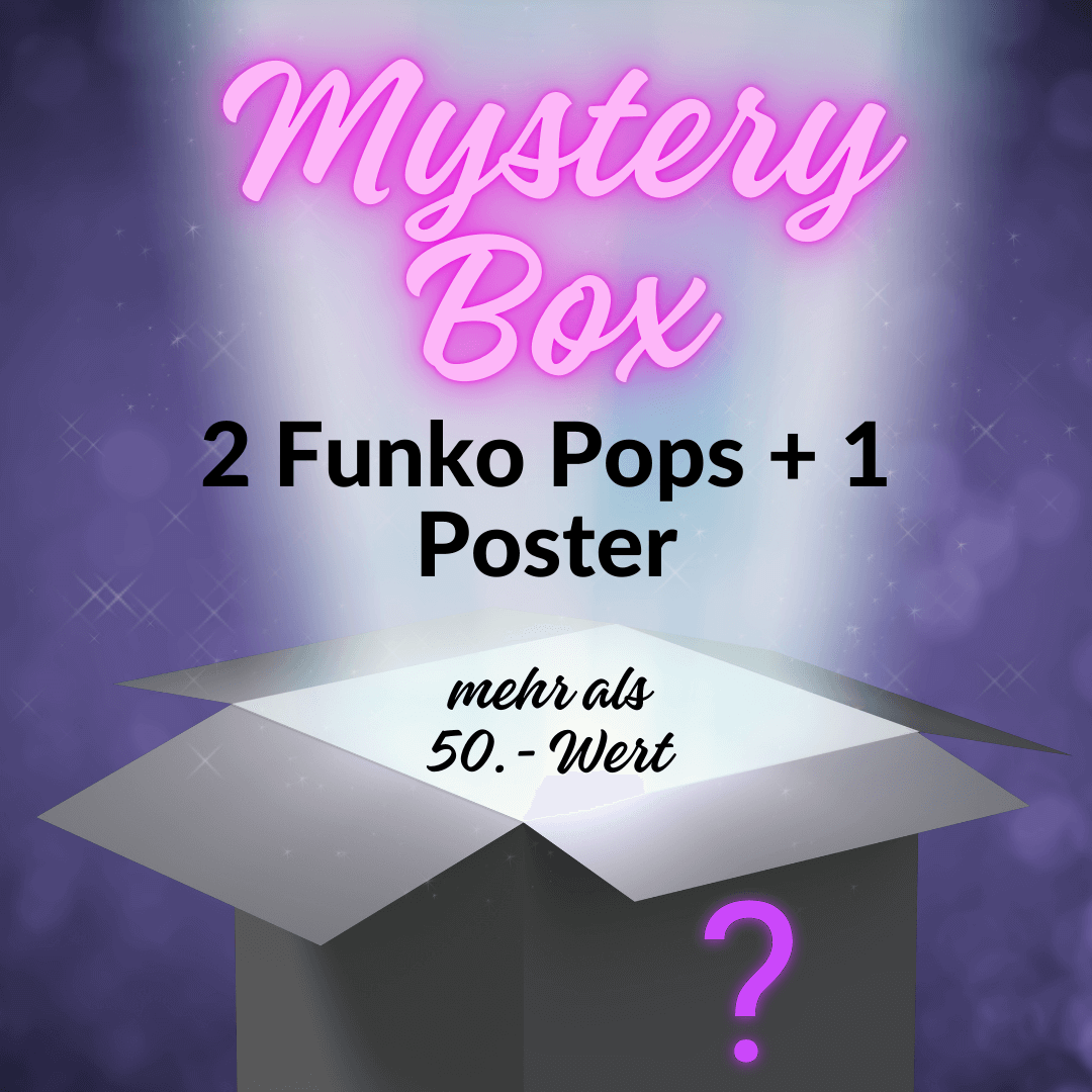 Brightly designed mystery box featuring 2 Funko Pops and 1 poster, highlighting a value of over CHF 50.