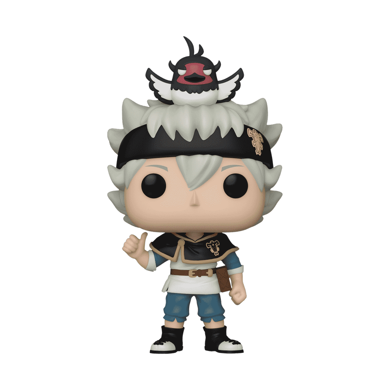 Black Clover Funko Pop mit Asta in Originalverpackung, je 9 cm Vinylfiguren auf weissem Hintergrund.