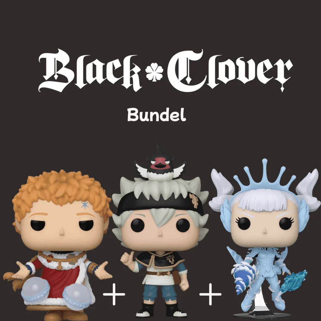 Black Clover Funko Pop Bundle mit Asta, Noelle Silva und Julius Novachrono in Originalverpackung, je 9 cm Vinylfiguren auf weissem Hintergrund.