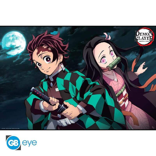 Hochwertiges Demon Slayer Poster mit Tanjiro und Nezuko in dynamischer Pose, ideal für Anime-Fans, 91,5 x 61 cm.