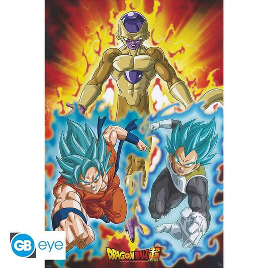 Dragon Ball Super Poster – Golden Freezer mit Goku und Vegeta in einem epischen Kampf. Perfekt für Fans der Saiyajin-Schlachten.