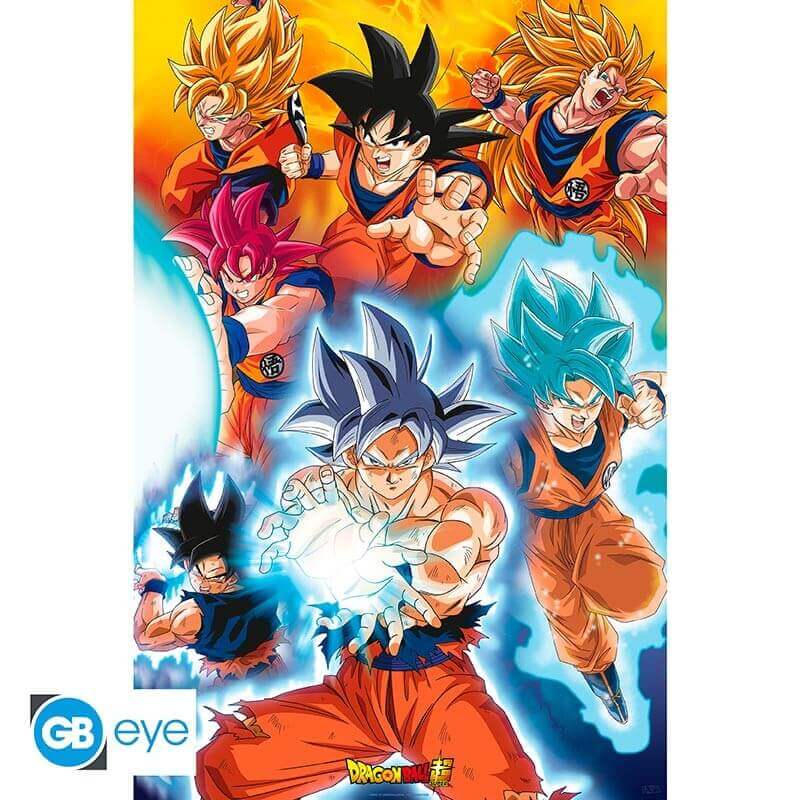 Dragon Ball Super Poster mit Goku in verschiedenen legendären Transformationen, 91,5 x 61 cm – Perfekt für Fans der Saiyajin-Kämpfe.