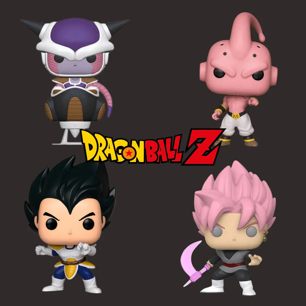 Dragon Ball Funko Pop Bundle mit 4 Figuren und gratis Türposter – originalverpackt, auf weißem Hintergrund.
Goku rosé, Vegeta, Frieza und Kid Buu
