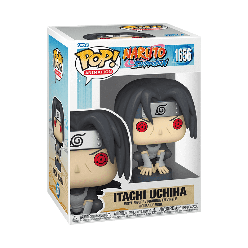 Funko Pop! Figur von Itachi Uchiha aus Naruto Shippuden, 9 cm Vinylfigur im Fensterbox, sitzend auf einem Pfahl mit Third Stage Sharingan aktiviert.