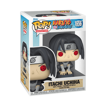 Funko Pop! Figur von Itachi Uchiha aus Naruto Shippuden, 9 cm Vinylfigur im Fensterbox, sitzend auf einem Pfahl mit Third Stage Sharingan aktiviert.