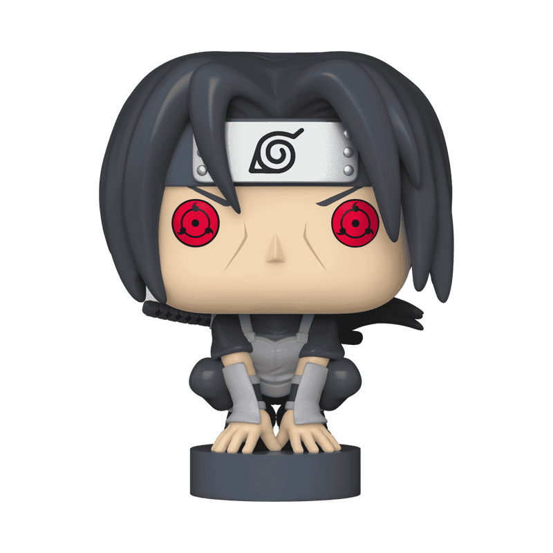 Funko Pop! Figur von Itachi Uchiha aus Naruto Shippuden, 9 cm Vinylfigur, sitzend auf einem Pfahl mit Third Stage Sharingan aktiviert.