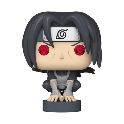 Funko Pop! Figur von Itachi Uchiha aus Naruto Shippuden, 9 cm Vinylfigur, sitzend auf einem Pfahl mit Third Stage Sharingan aktiviert.