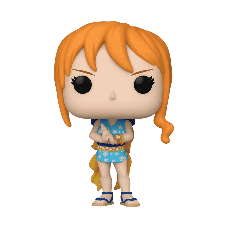 Nami Funko Pop! Figur aus One Piece, detailgetreu gestaltet in blauem Outfit mit orangefarbenem Haar.