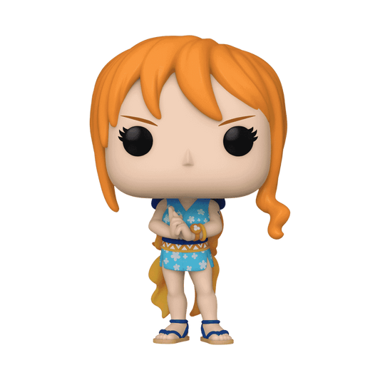 Nami Funko Pop! Figur aus One Piece, detailgetreu gestaltet in blauem Outfit mit orangefarbenem Haar.