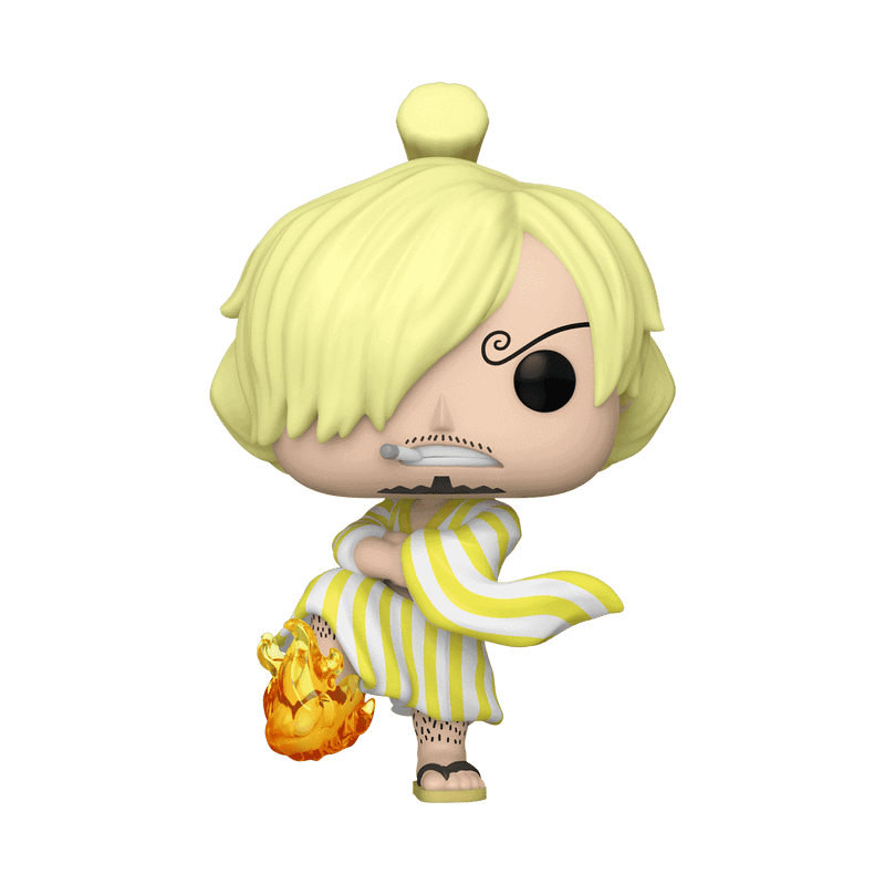 Sanji Funko Pop figure from One Piece, featuring his iconic look with yellow hair and a flaming attack.