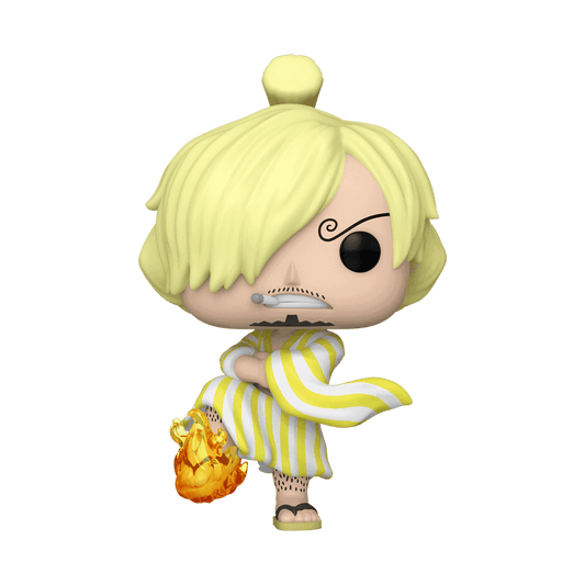 Sanji Funko Pop figure from One Piece, featuring his iconic look with yellow hair and a flaming attack.