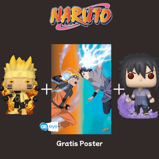 Funko Pop Naruto & Sasuke Figuren im Bundle mit gratis Anime-Poster – originalverpackt, 9 cm, auf weißem Hintergrund.