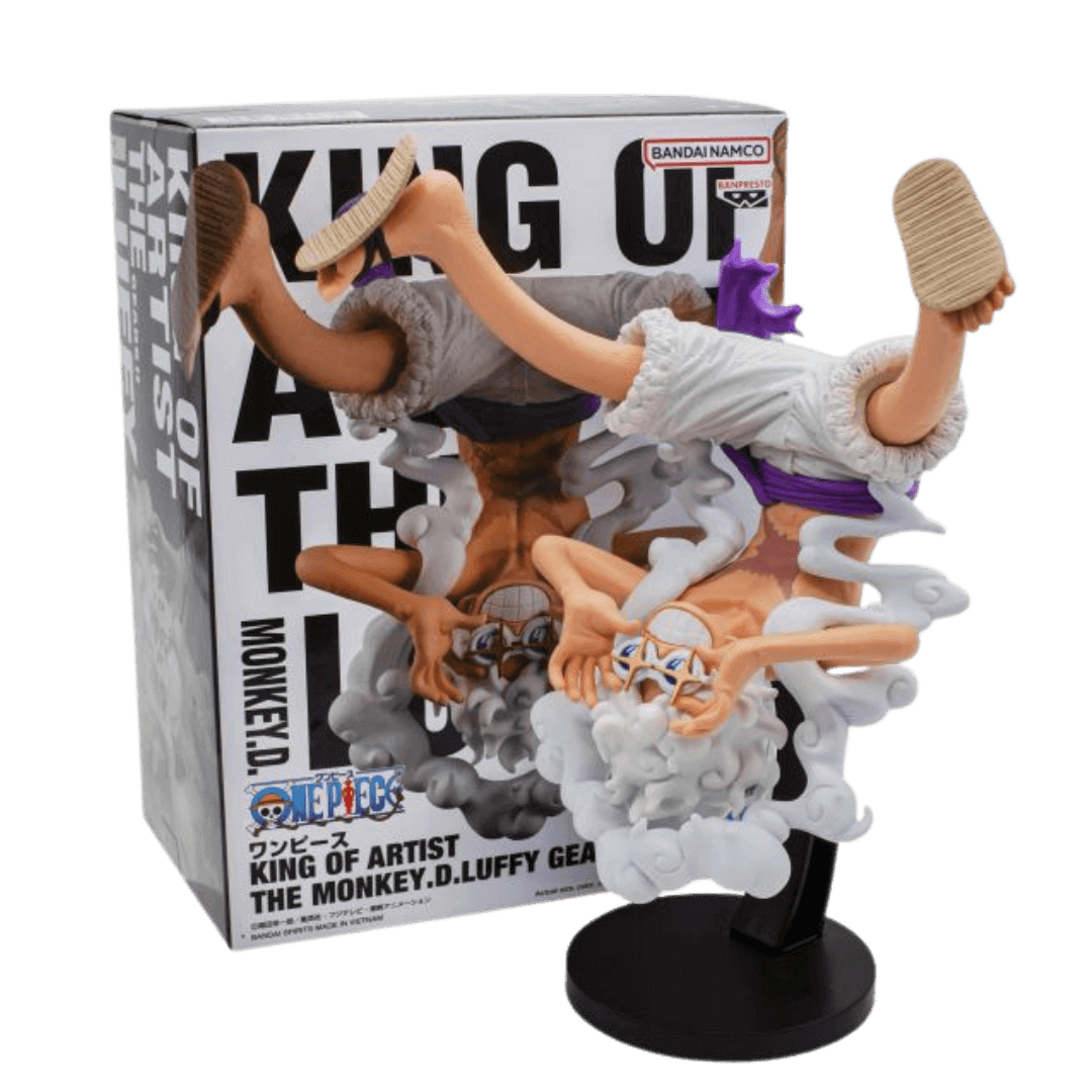 One Piece King of Artist Monkey D. Luffy Gear 5 Figur – 15 cm PVC von Banpresto. Figur von vorne mit Verpackung