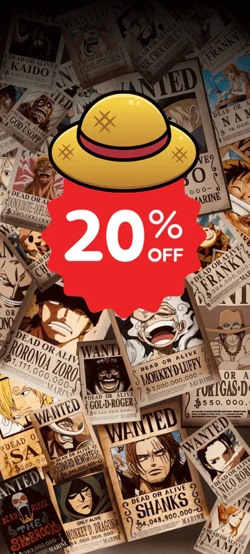 One Piece Wanted Poster Bundle mit 17 Charakter-Postern im Format 52x38 cm, ikonische Designs mit Kopfgeldern, auf weißem Hintergrund.