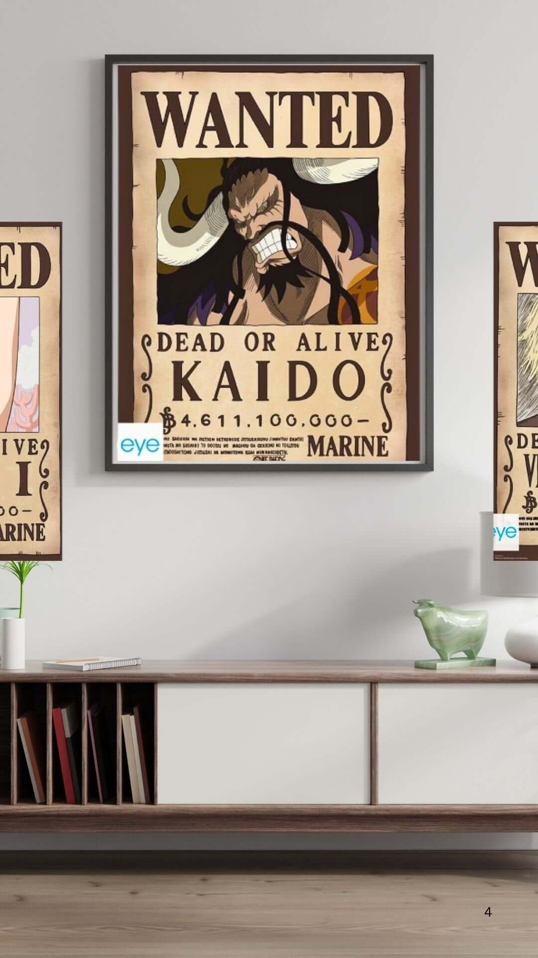 Wanted poster of Kaido from One Piece, featuring a bounty of $4,611,100,000, displayed in a stylish room.