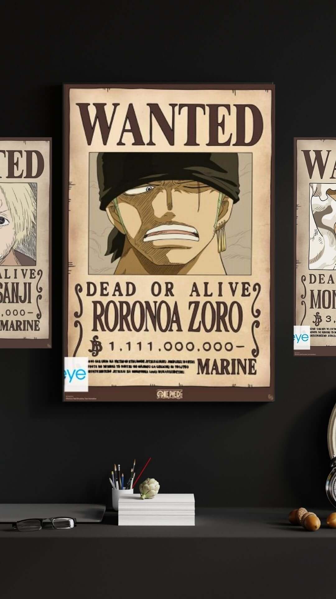 Wanted poster of Roronoa Zoro from One Piece, showcasing pirate bounty of $1,111,000,000, perfect for fans' decor.